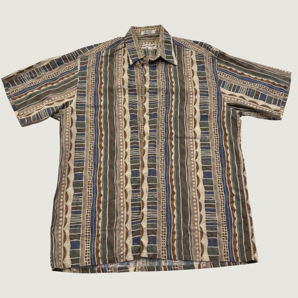 Pierre Cardin Mens M Abstract Stripe Short Sleeve Button Down Shirt Brown Blue